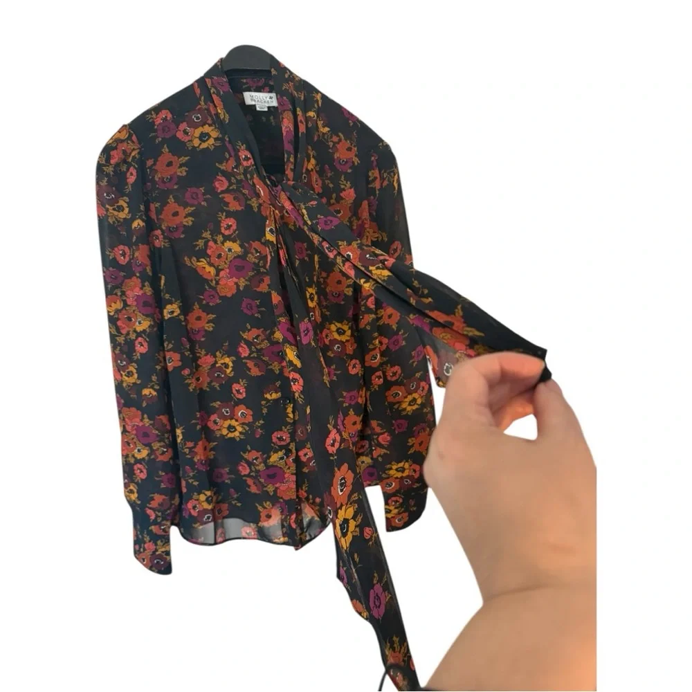 Molly Bracken M Black Floral Tie Neck Blouse Chiffon Long Sleeve Top - Picture 4 of 7